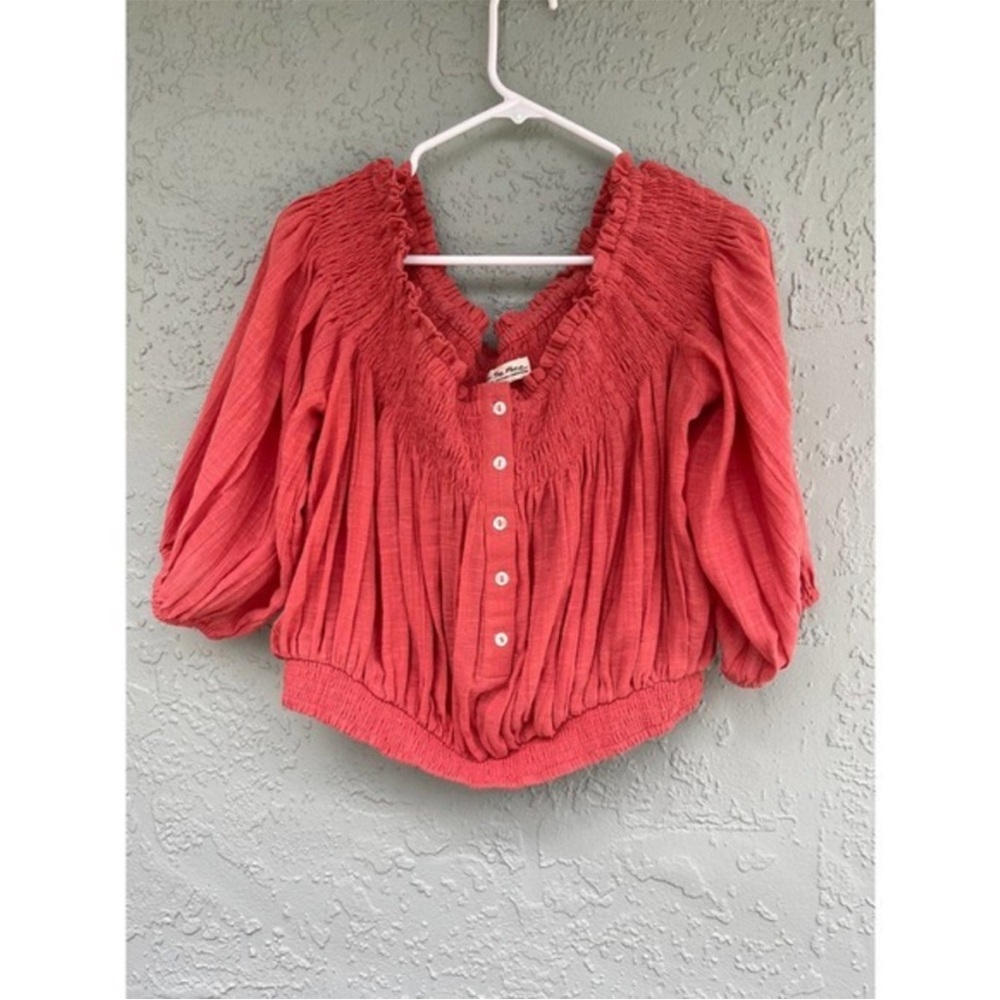 Free People Pink Puff Sleeve Ruched Blouse